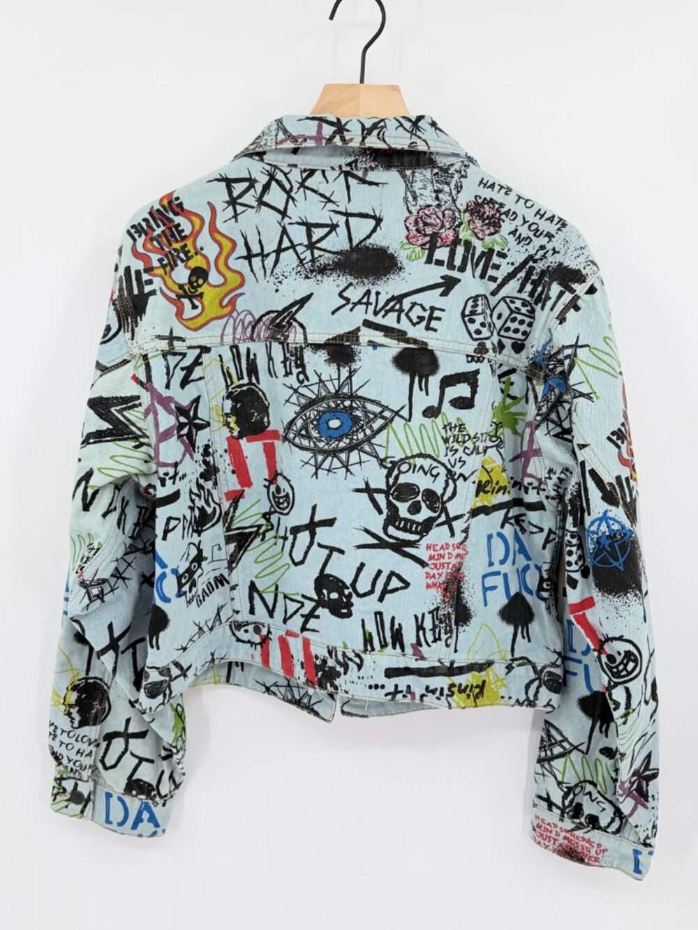 AKIRA Graffiti Print Cropped Denim Jacket Women's Large L EUC Punk Rock Streetwe - Picture 3 of 7